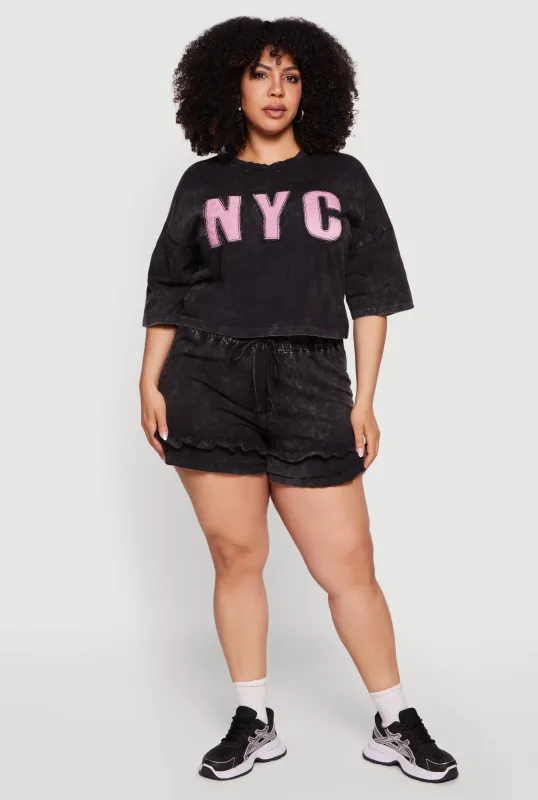 Plus Size Acid Wash Ruffle Trim Shorts made by Rainbow