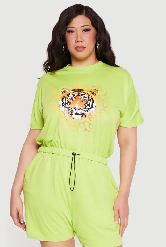 Plus Size Tiger Graphic Drawstring Hem Top made by Rainbow