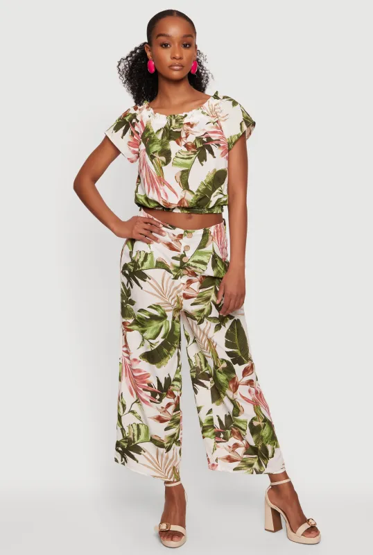 Leaf Print Faux Button Wide Leg Pants made by iris