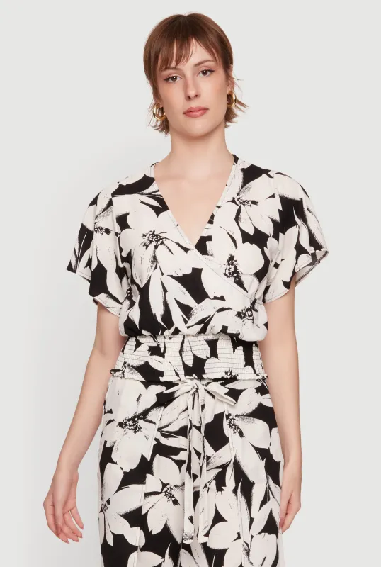 Floral Smocked Faux Wrap Blouse with Flutter Sleeves made by Haute Monde