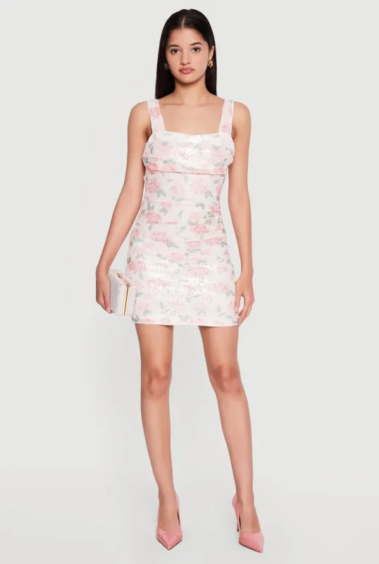 Floral Sequin Side Ruched Lace Up Back Mini Dress made by Rainbow
