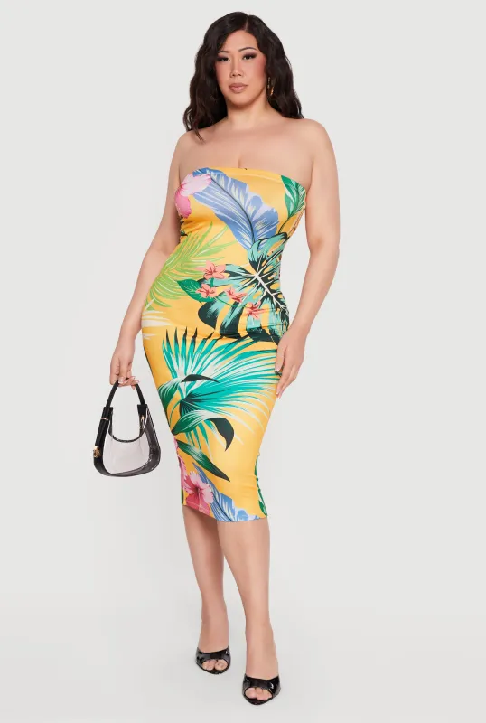 Plus Size Floral Print Tube Midi Dress made by Rainbow