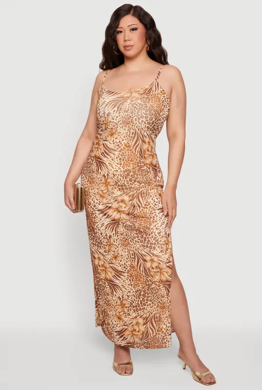 Plus Size Floral and Animal Print Cami Maxi Dress made by Rainbow