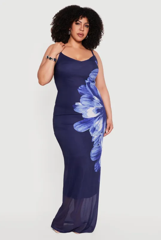 Plus Size Abstract Floral Mesh Cami Maxi Dress made by Rainbow