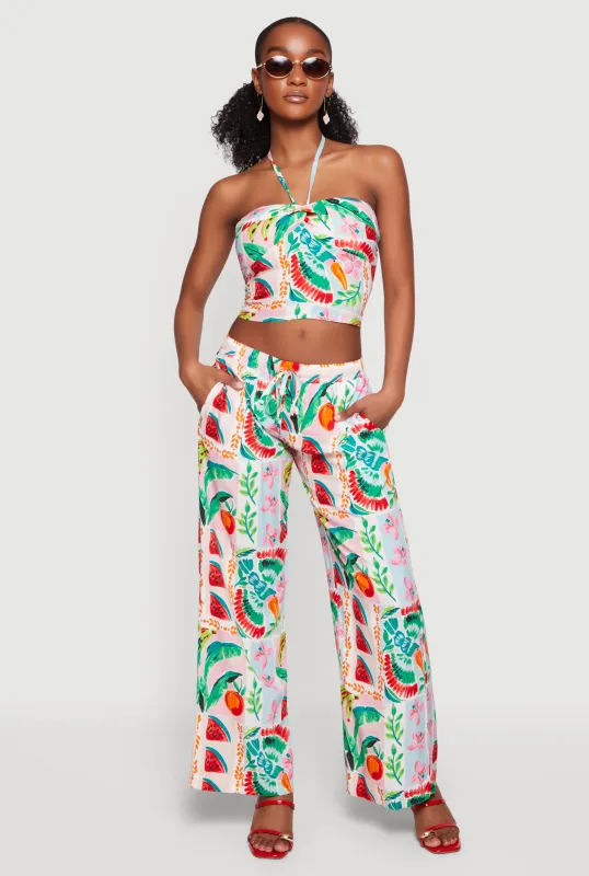 Tropical Floral Fruit Print Wide Leg Pants made by Rainbow