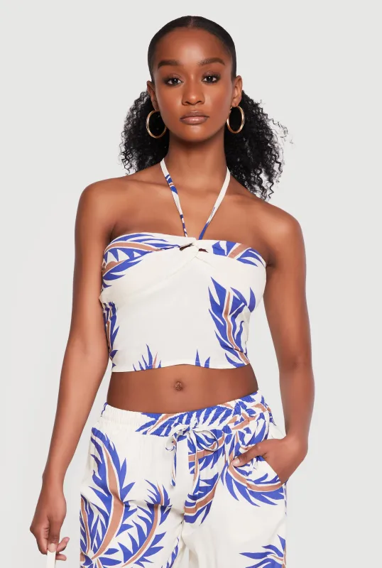 Abstract Palm Leaf Print Halter Crop Top made by Rainbow