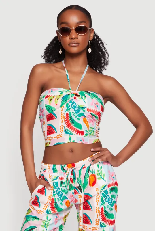 Tropical Floral Fruit Print Halter Crop Top made by Rainbow