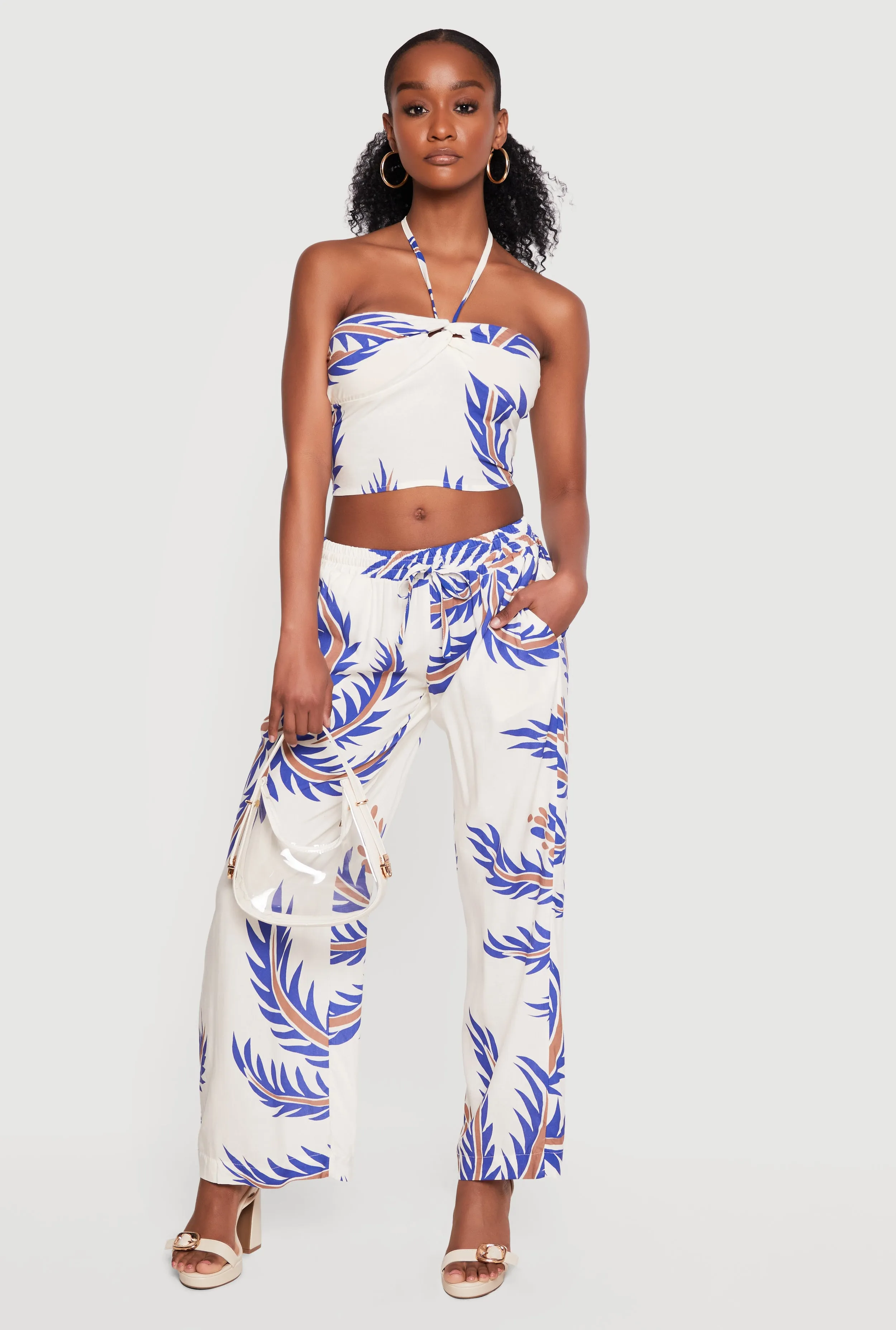 Abstract Palm Leaf Print Wide Leg Pants sold by Rainbow