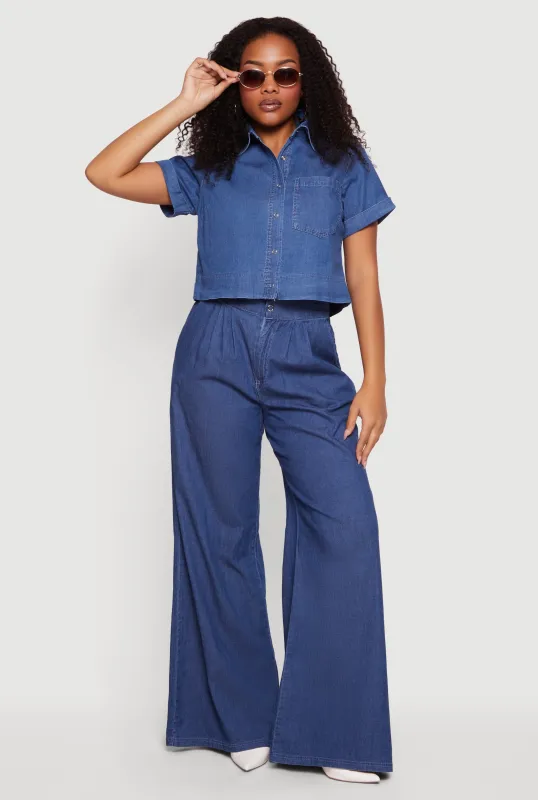 Chambray Cropped Snap Button Front Shirt made by Haute Monde