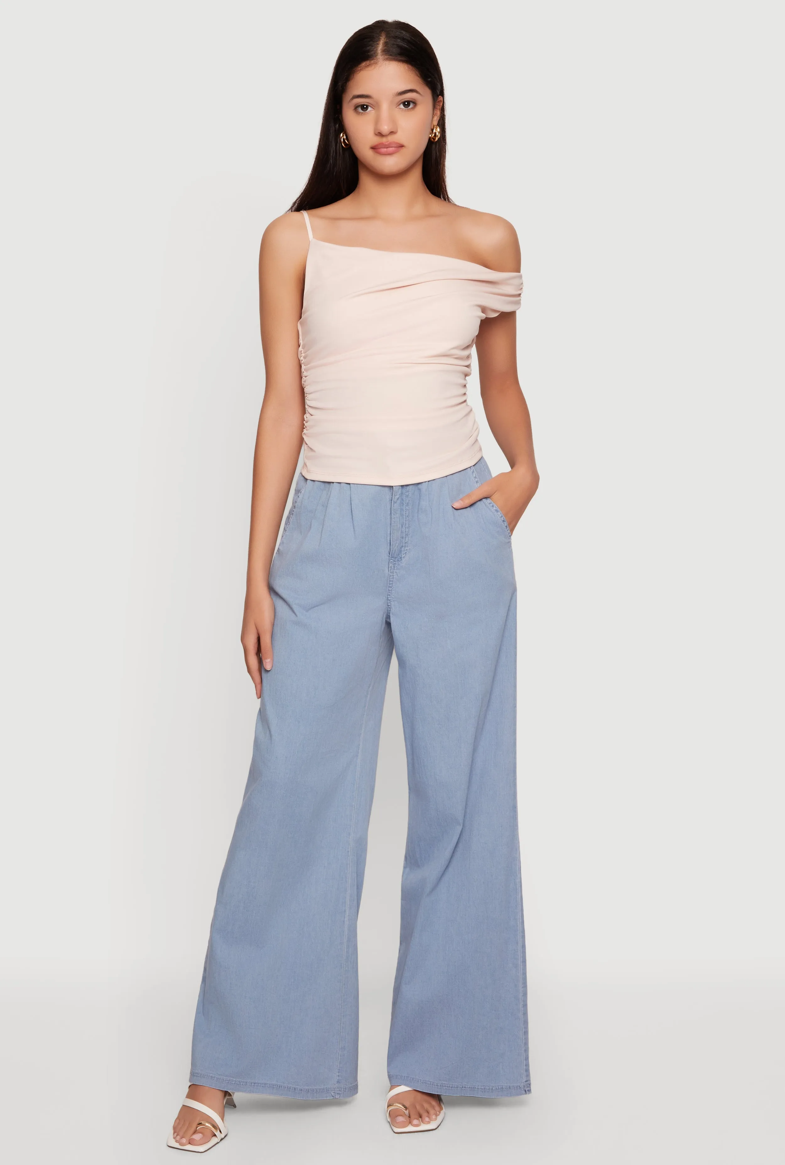 Pleated High Waisted Wide Leg Chambray Pants sold by Rainbow
