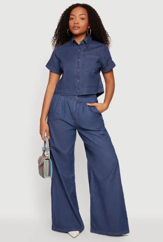 Chambray Cropped Snap Button Front Shirt made by Haute Monde