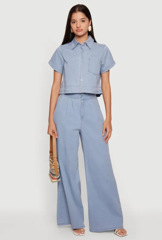 Chambray Cropped Snap Button Front Shirt made by Haute Monde