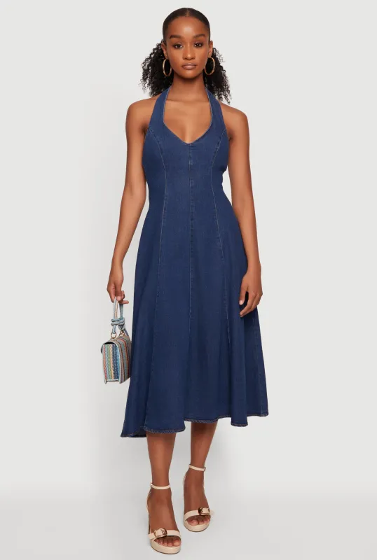Denim Tie Back Midi Halter Dress made by Haute Monde