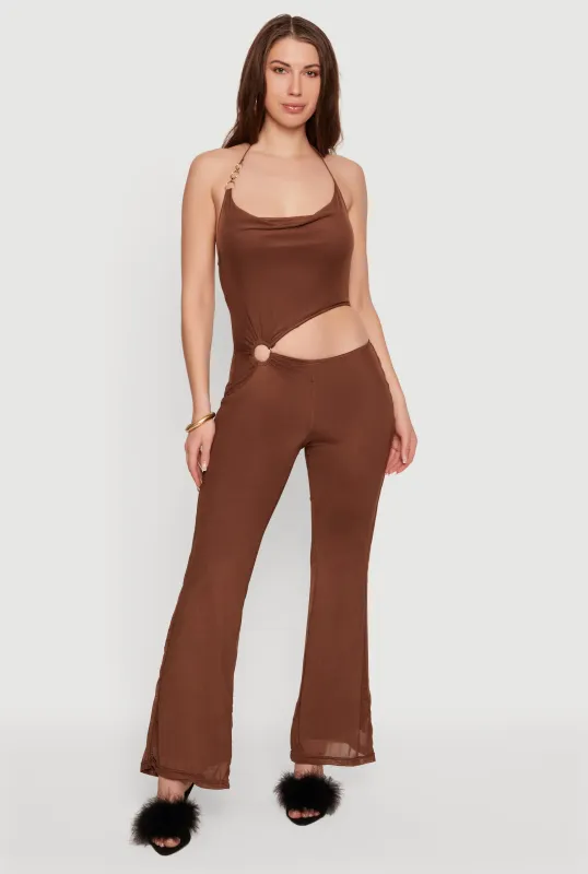 O Ring Detail Cowl Halter Neck Mesh Jumpsuit made by Rainbow