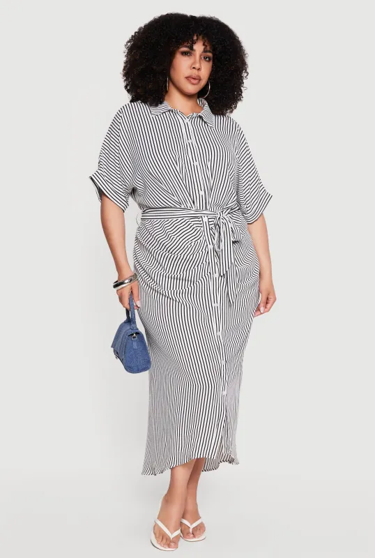 Plus Size Striped Tie Waist Shirt Dress made by Rainbow