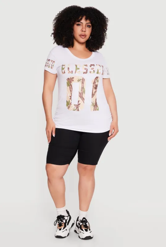 Plus Size Blessed 01 Camo Graphic Print Side Ruched Tee made by Rainbow