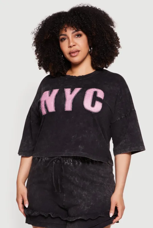 Plus Size Acid Wash NYC Graphic Cropped Tee made by Rainbow