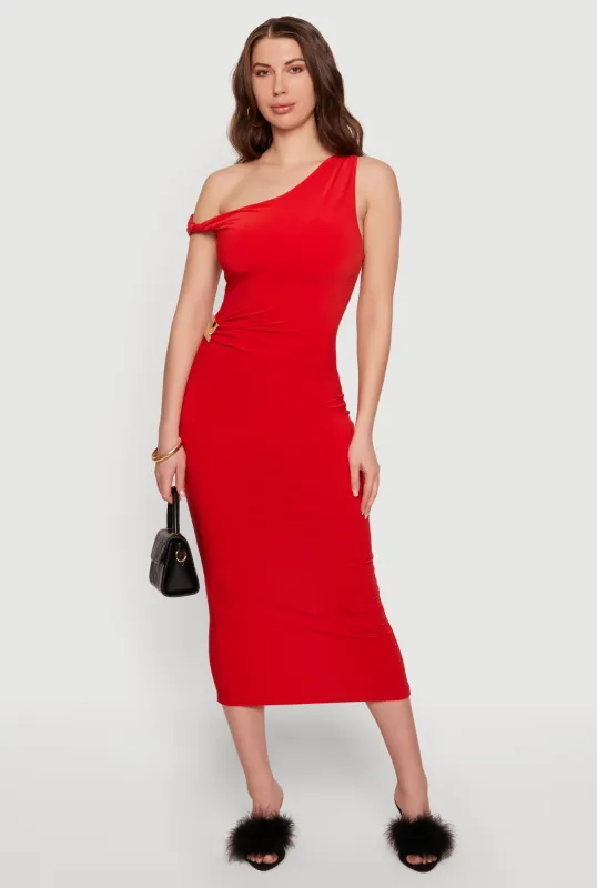 Asymmetrical One Shoulder Side Ruched Midi Dress made by iris