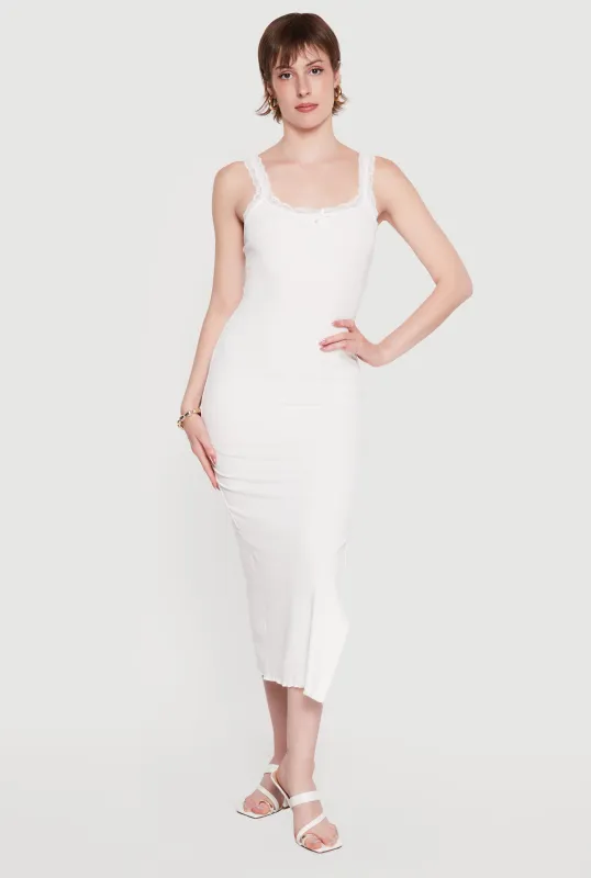Lace Trim Ribbed Knit Midi Dress with Side Slit made by iris