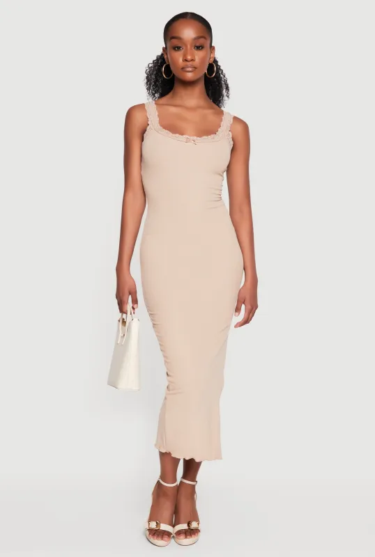 Lace Trim Ribbed Knit Midi Dress with Side Slit made by iris