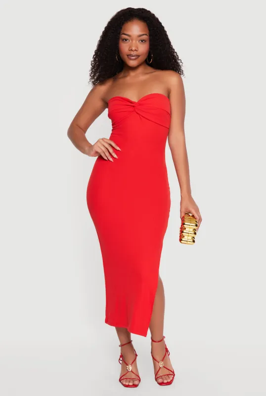 Twist Front Detail Side Slit Midi Dress made by Rainbow