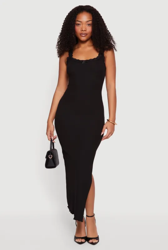 Lace Trim Ribbed Knit Midi Dress with Side Slit made by iris