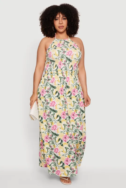 Plus Size Lemon Floral Print Halter Maxi Dress made by Rainbow