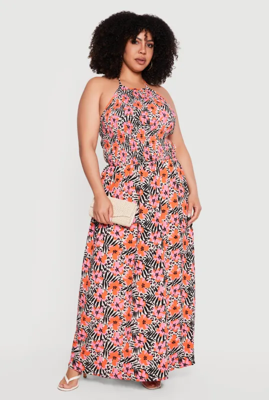 Plus Size Animal Tropical Floral Print Halter Maxi Dress made by Rainbow