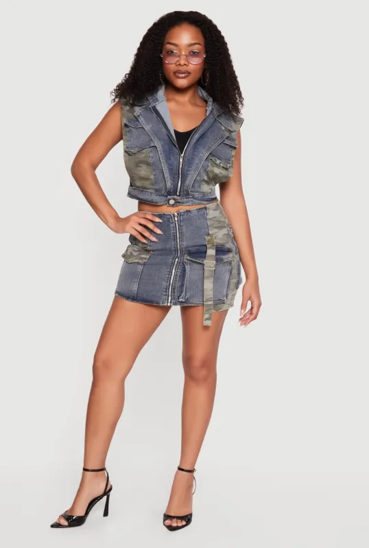 Denim Camo Patchwork Zip Front Cargo Skirt made by Rainbow