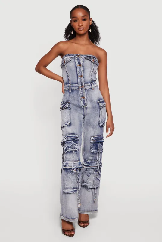 Acid Wash Button Front Cargo Pocket Jumpsuit made by Rainbow