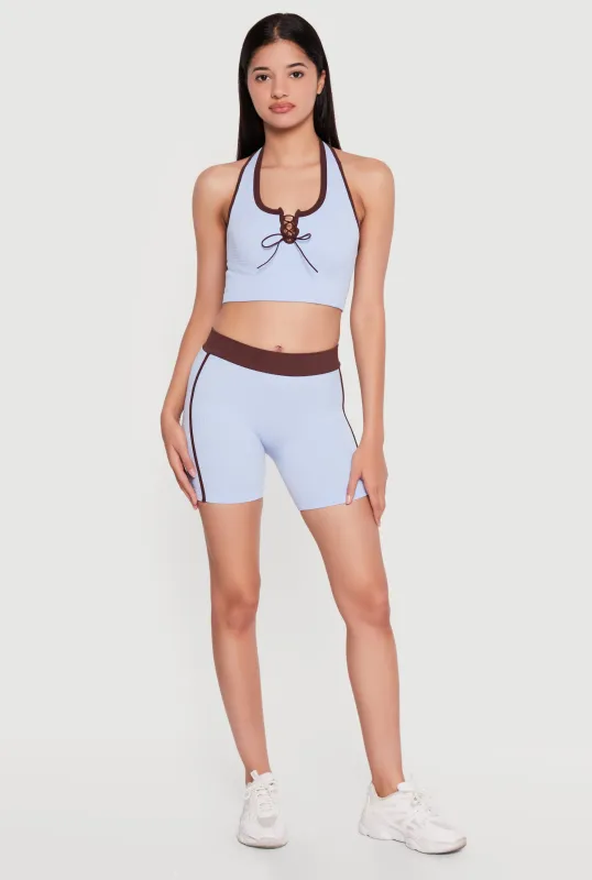 Seamless Contrast Trim Lace Up Notch Neck Halter Top made by Rainbow