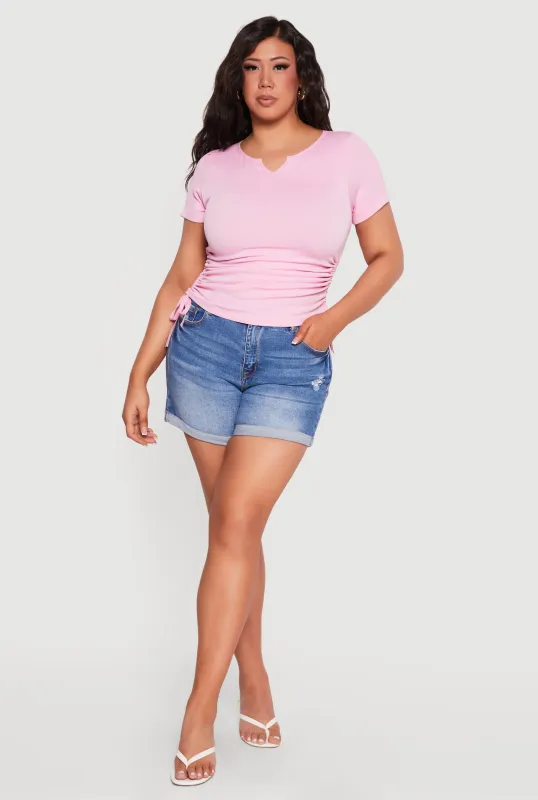 Plus Size Ruched Short Sleeve Notch Neck Top made by Rainbow