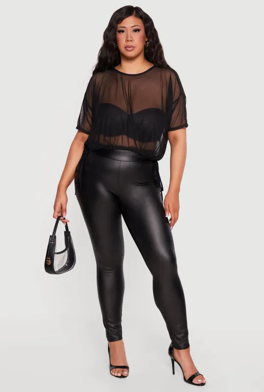Plus Size Short Sleeve Mesh Top with Side Ties made by Rainbow