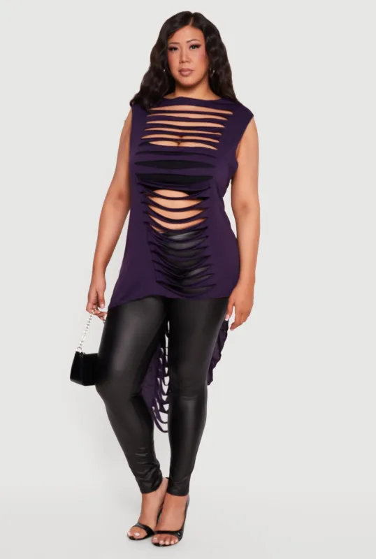 Plus Size Sleeveless Slashed High Low Top made by Rainbow