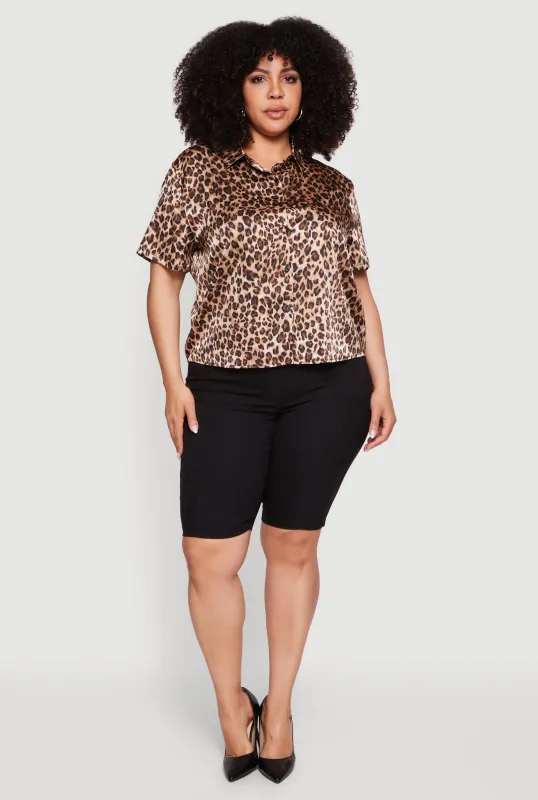 Plus Size Leopard Print Satin Short Sleeve Button Front Shirt made by Ambiance