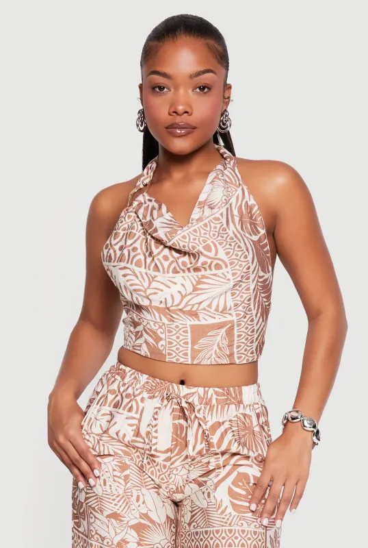 Patterned Gauze Knit Cropped Halter Top made by Rainbow