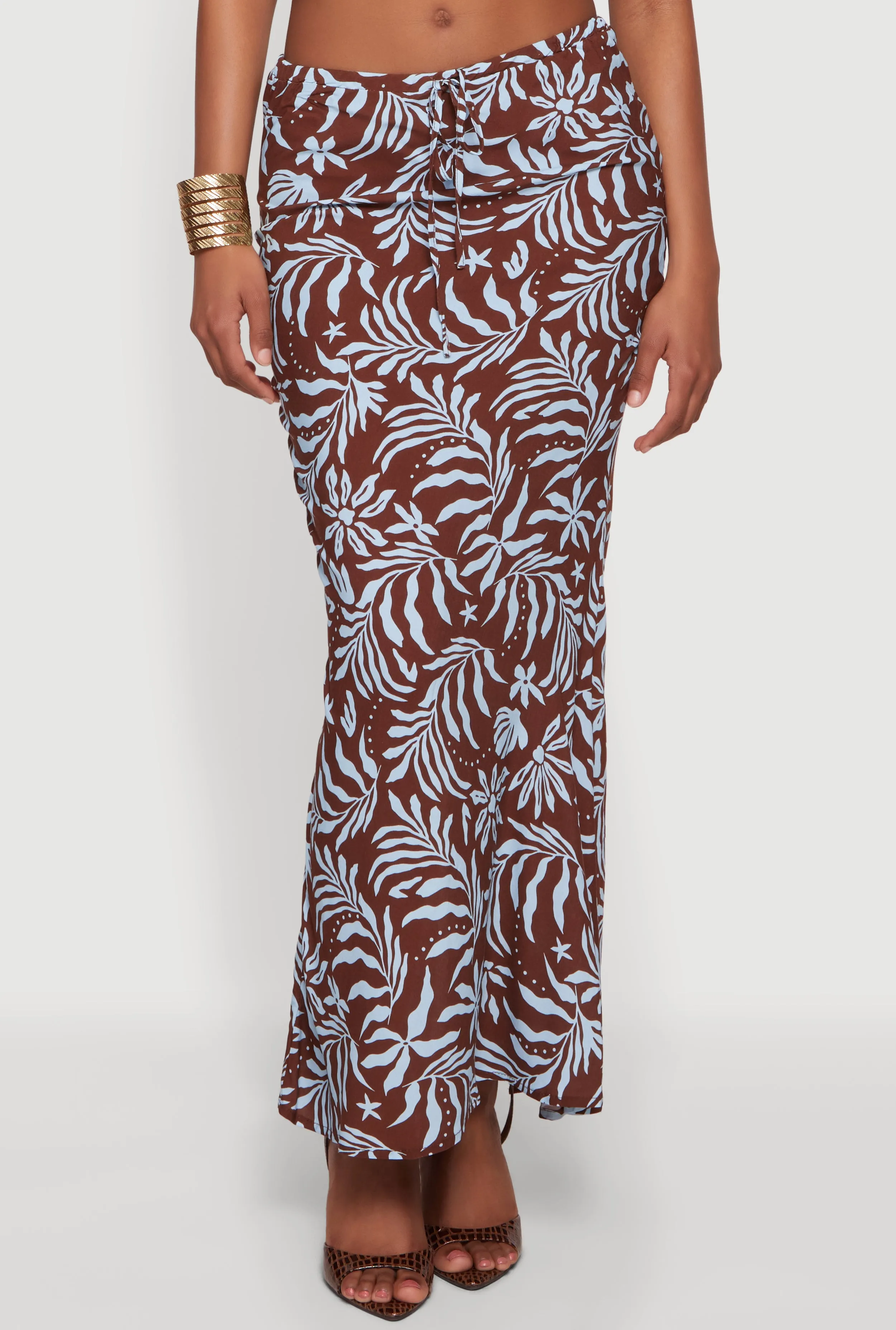 Tropical Leaf Print Drawstring Waist Maxi Skirt sold by Rainbow product image thumbnail 3