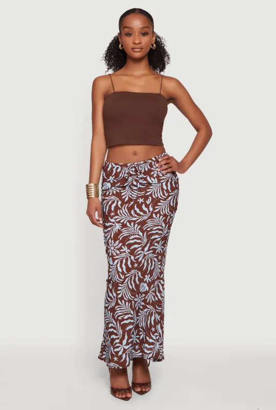 Tropical Leaf Print Drawstring Waist Maxi Skirt made by Rainbow