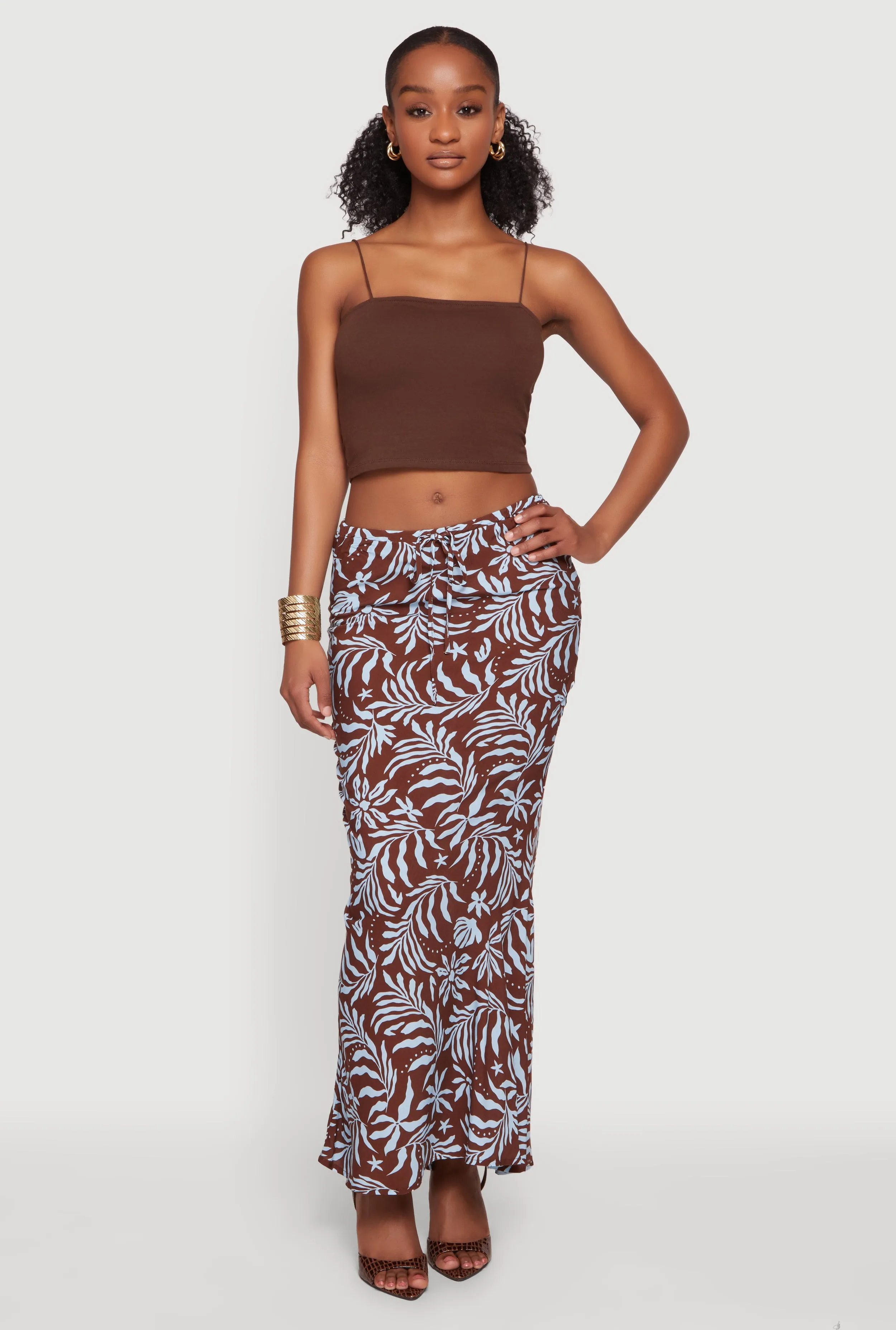 Tropical Leaf Print Drawstring Waist Maxi Skirt sold by Rainbow
