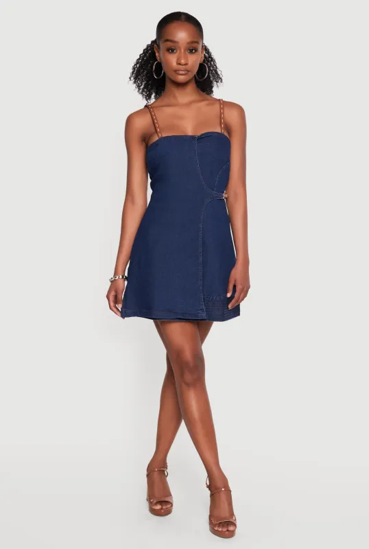 Denim Faux Wrap Front Detail Mini Dress made by Haute Monde
