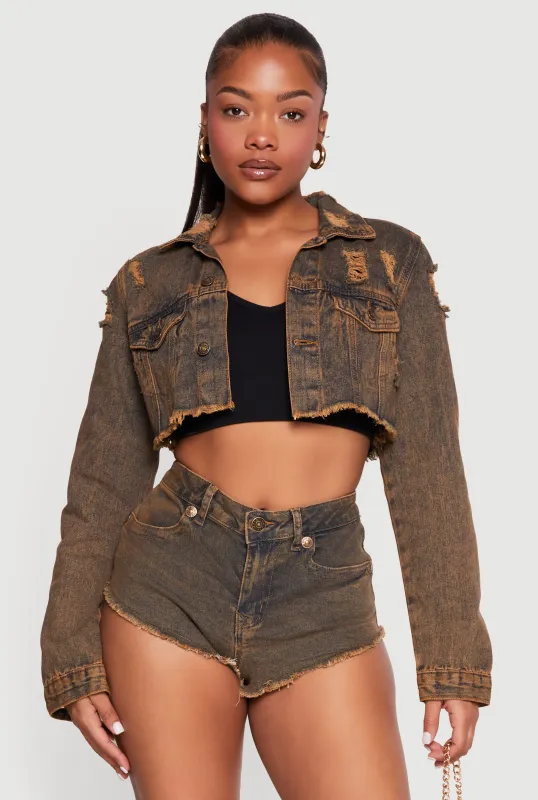Acid Wash Denim Cropped Distressed Jacket made by Almost Famous
