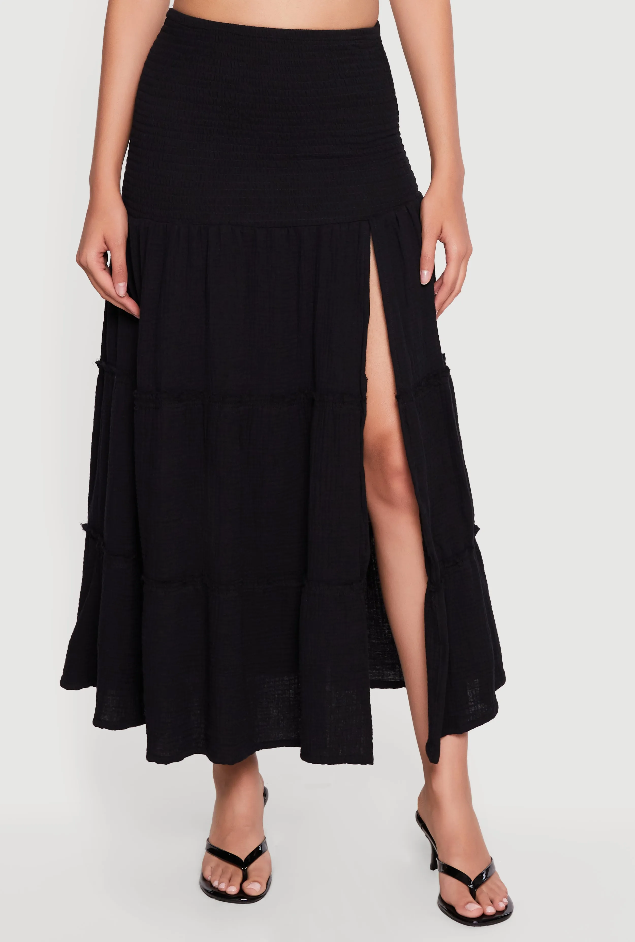 Gauze Knit Side Slit Tiered Maxi Skirt sold by Rainbow product image thumbnail 3