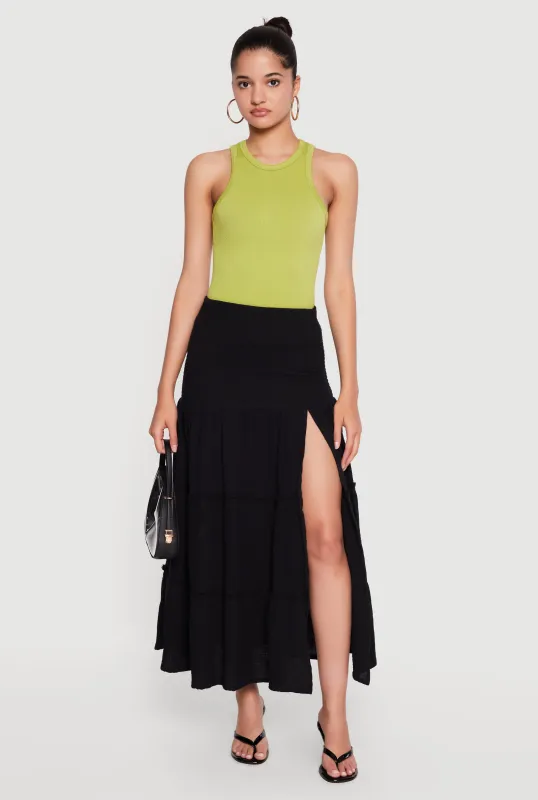 Gauze Knit Side Slit Tiered Maxi Skirt made by Rainbow