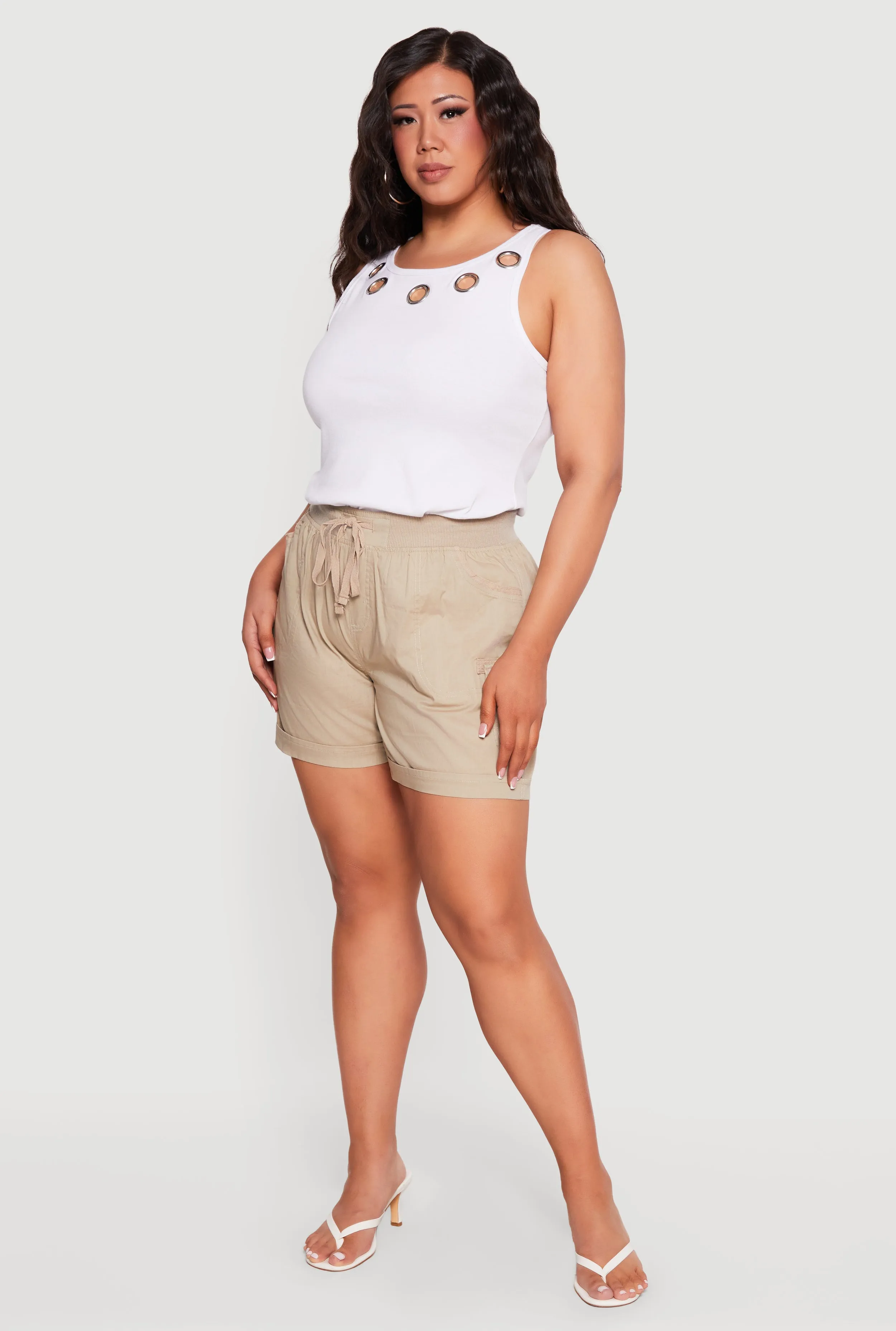 Plus Size Drawstring High Waisted Poplin Cargo Shorts sold by Rainbow
