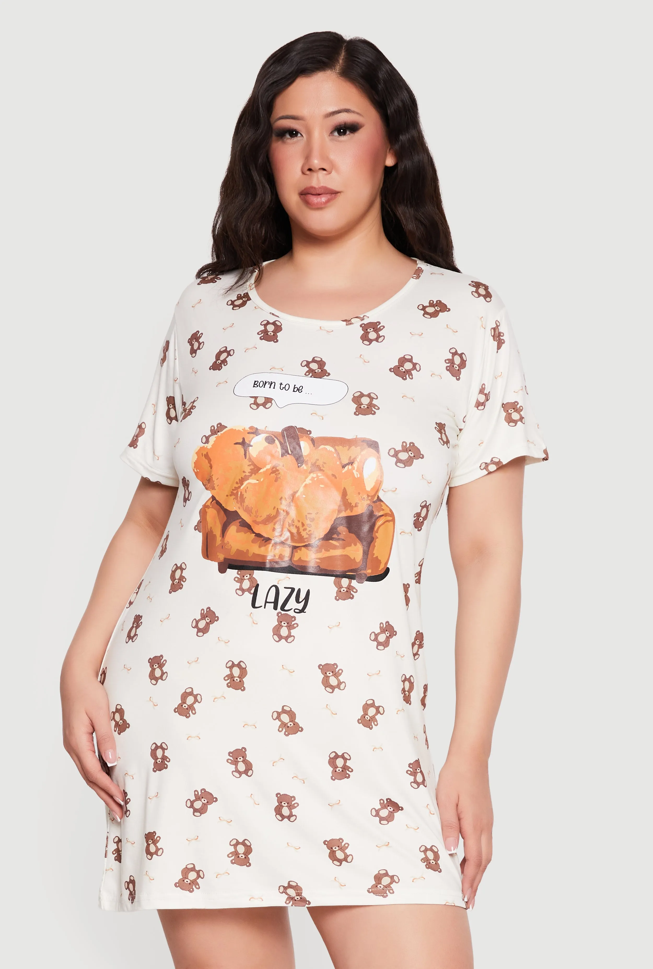 Plus Size Born To Be Lazy Bear Print Pajama Sleepshirt sold by Rainbow