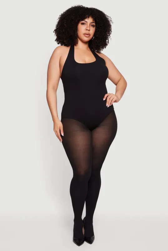 Plus Size Solid Halter Neck Bodysuit made by Ambiance