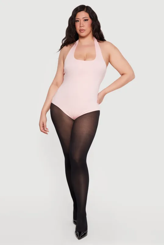 Plus Size Solid Halter Neck Bodysuit made by Ambiance