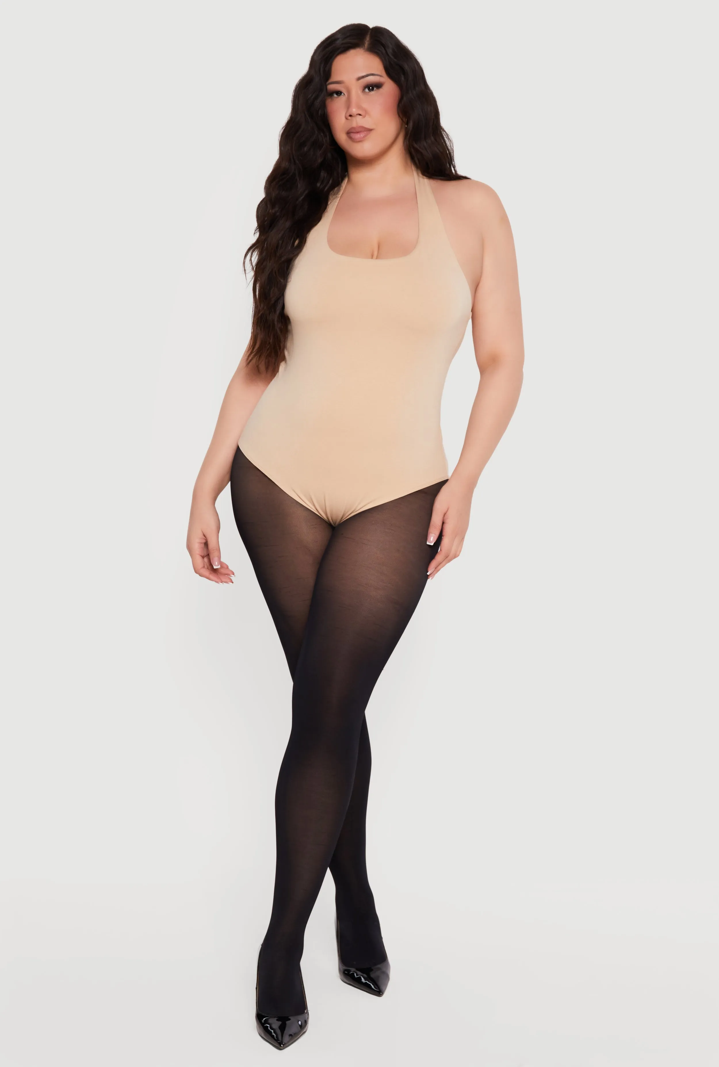 Plus Size Solid Halter Neck Bodysuit sold by Rainbow