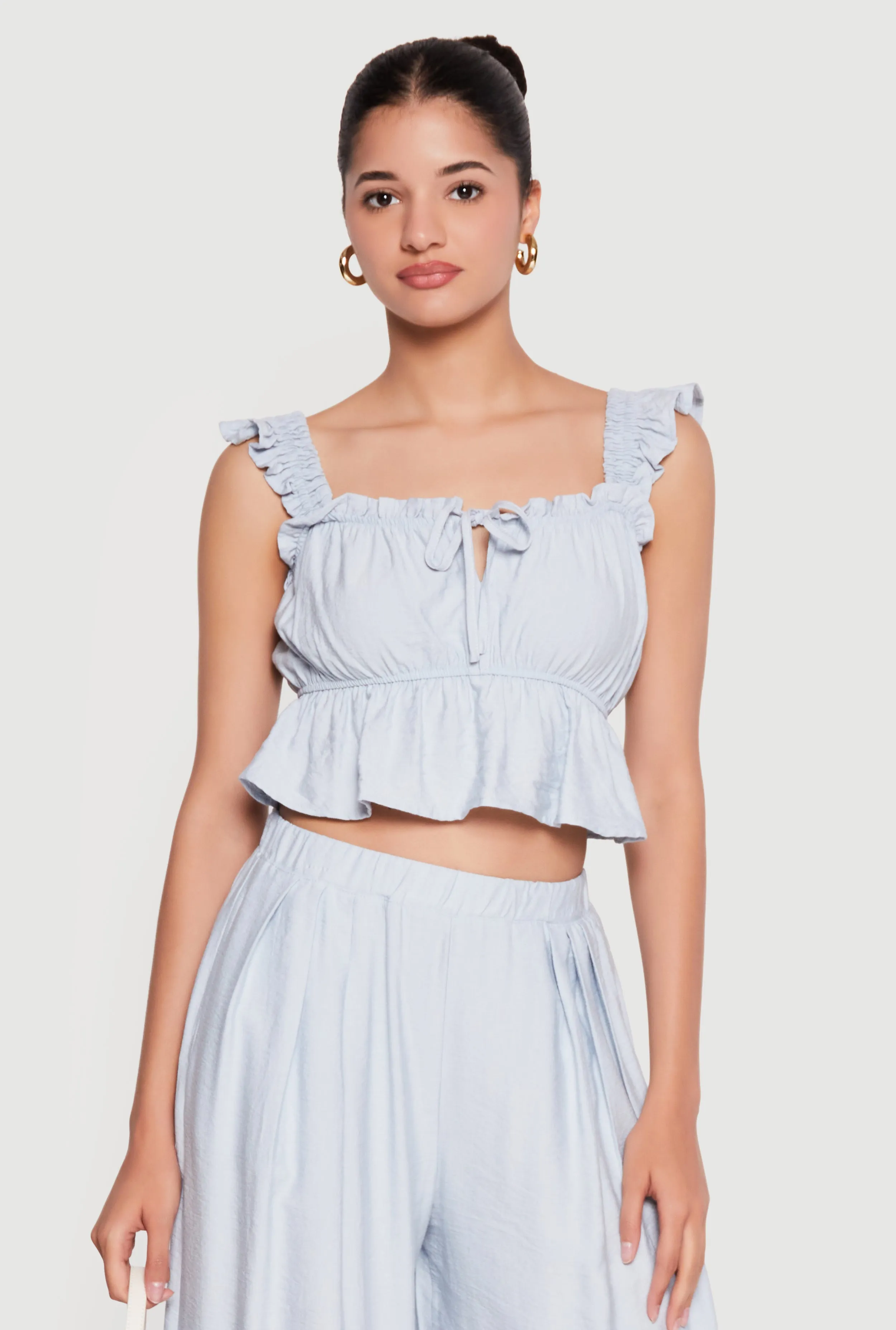 Ruffle Strap Tie Front Crop Peplum Top sold by Rainbow product image thumbnail 3