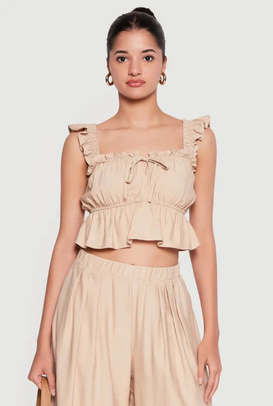 Ruffle Strap Tie Front Crop Peplum Top made by Haute Monde